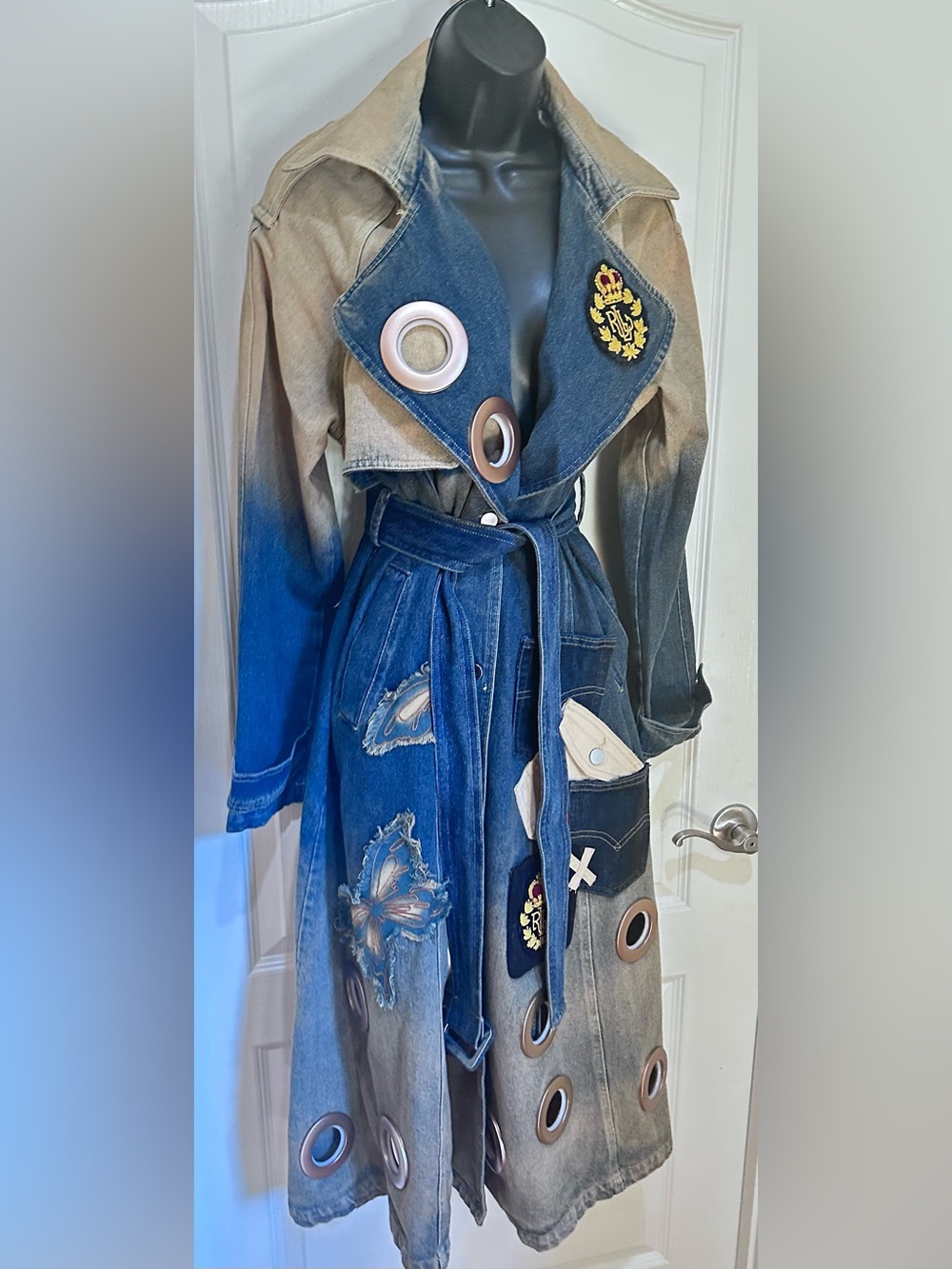 Upcycled Denim Trench Coat with Patchwork Grommet Blue and Distressed Tan size M - Picture 6 of 8